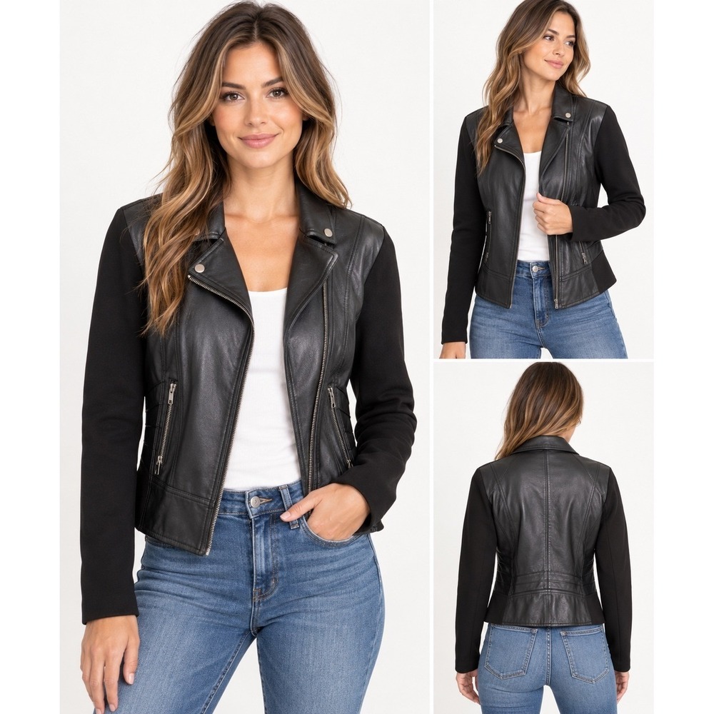 Black Faux Leather Mixed Media Moto Jacket Knit Panels Asymmetric Zip